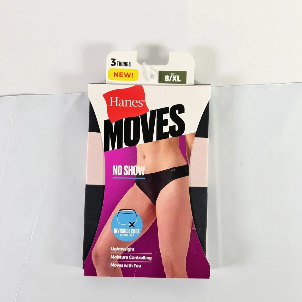 Hanes Moves Women No Show Thongs 3 Pack Lightweight Active Size 8 XL Black Pink‎